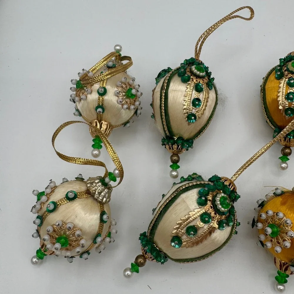 Vintage Handmade Satin Push Pin Christmas Ornaments Set of 10 Beaded Sequin Mid